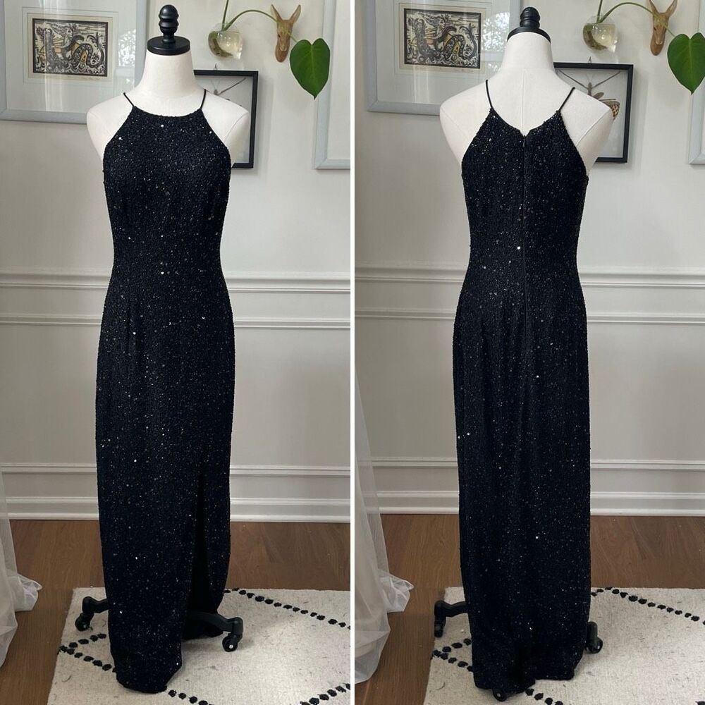 Marina Halter Column Sheath Dress Gown Black Sequin Beaded 10